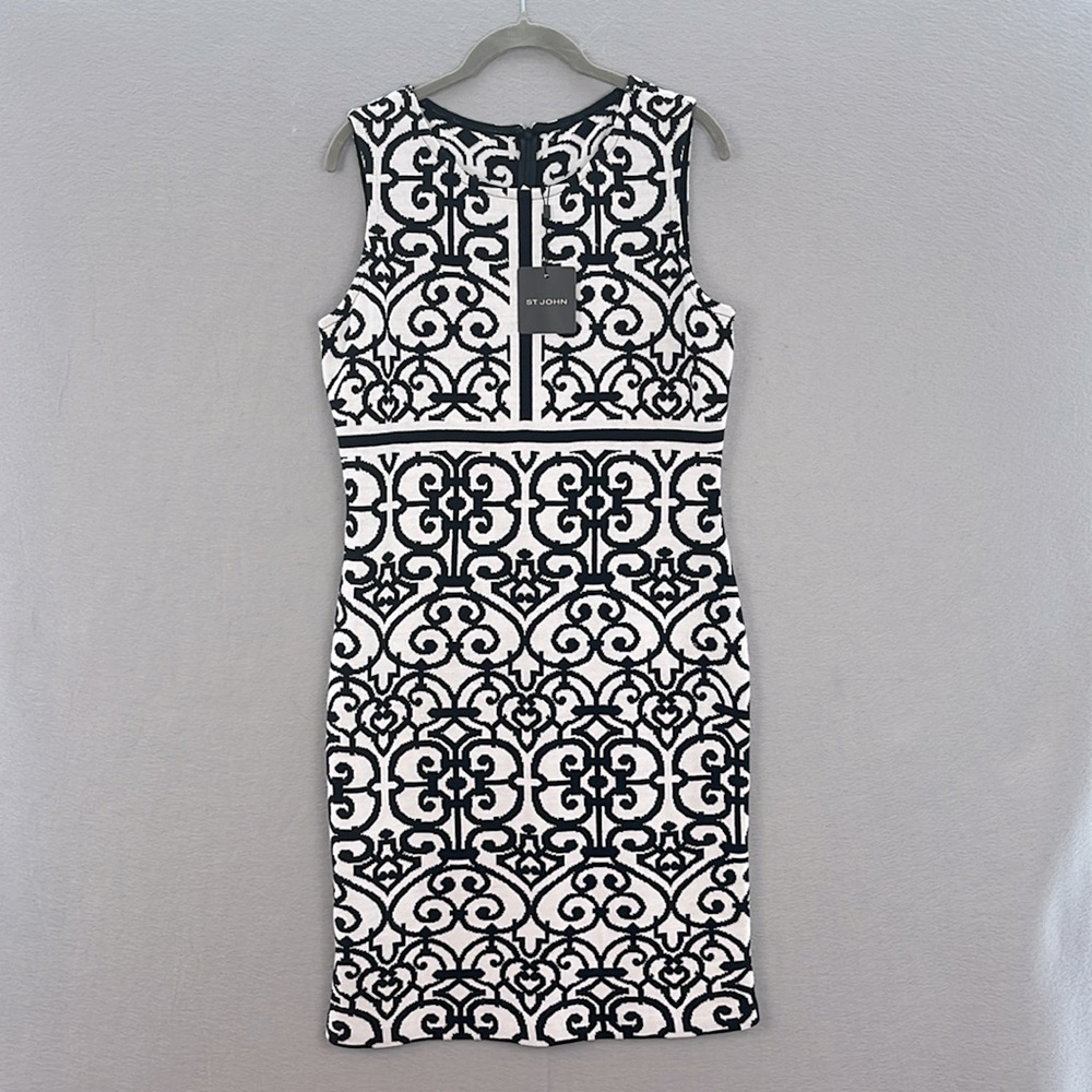 St. John - NWT Women’s Black & white Diamond Knit sleeveless midi‎ dress size 8